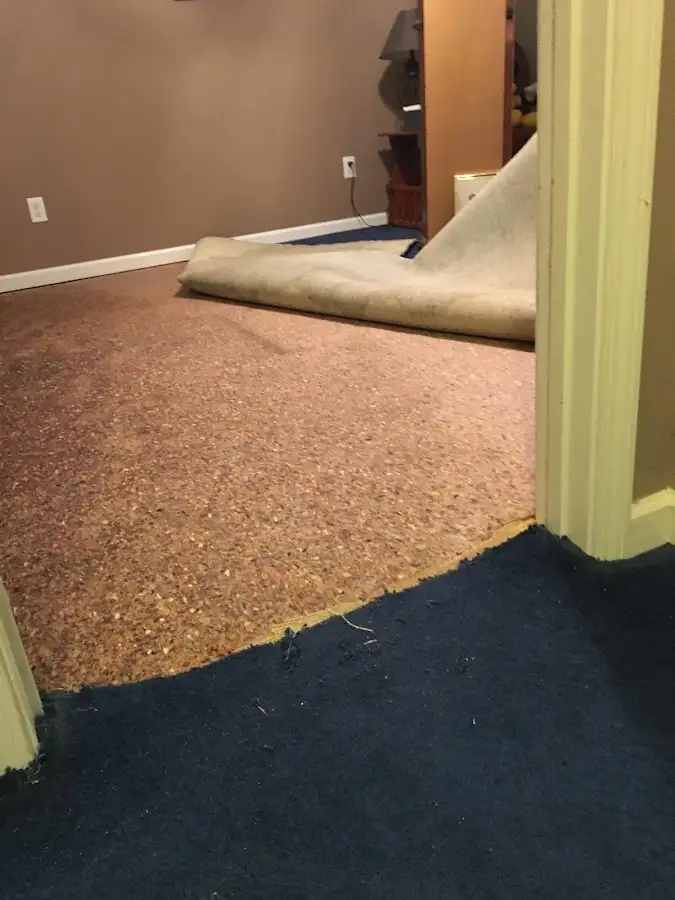 Carpet pad removal revealing water damage during Drying & Dehumidification in Rusk